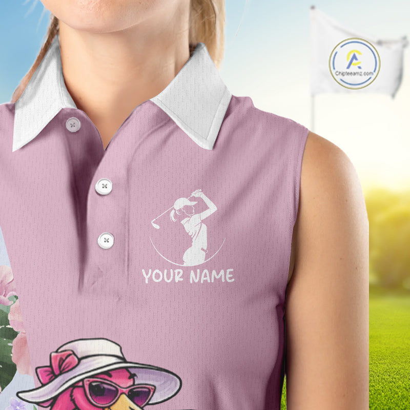 Pink Flamingo Womens Sleeveless Golf Polos Shirts Custom Tropical Floral Golf Gifts For Mom, Mother's Day Gifts NBT645