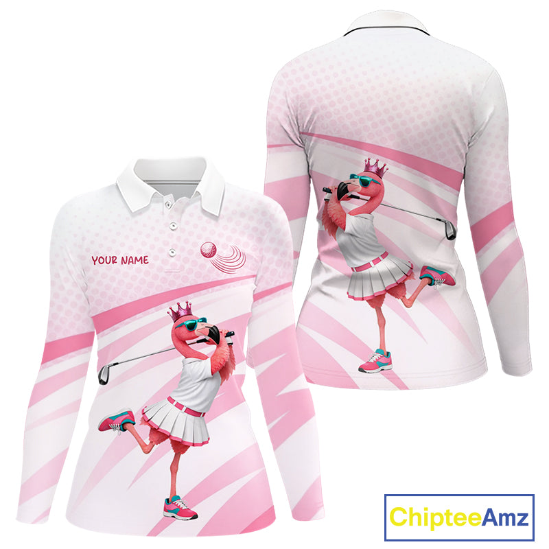 Funny Pink Flamingo Golf Polo Shirt For Women Custom Flamingo Golfer Pattern Golf Shirts, Golf Attire NBT518