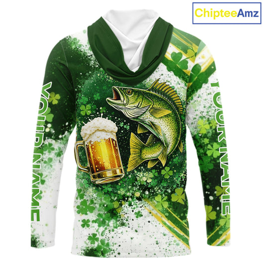 St Patrick Day Walleye Mens Long Sleeve Hooded Fishing Shirts UV Protetion, Walleye Fishing Shirts NBT384