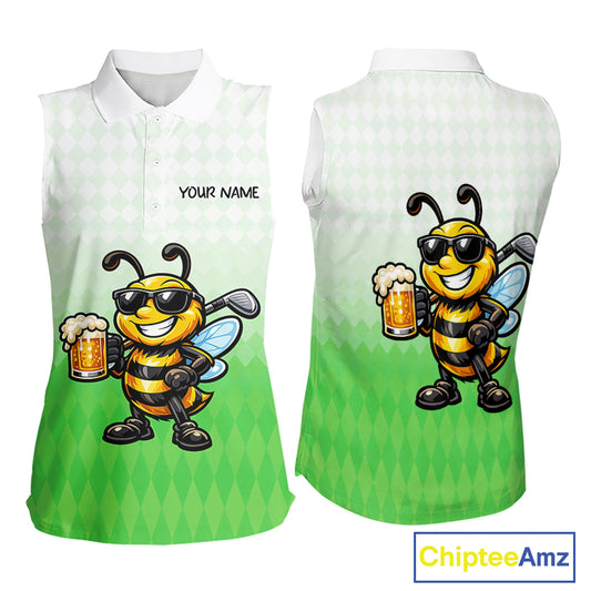 Funny Bee Sleeveless Golf Polo Shirt For Women, Cute Bee With Beer Print Shirt, Sporty Animal Golf Gift|Green NBT665