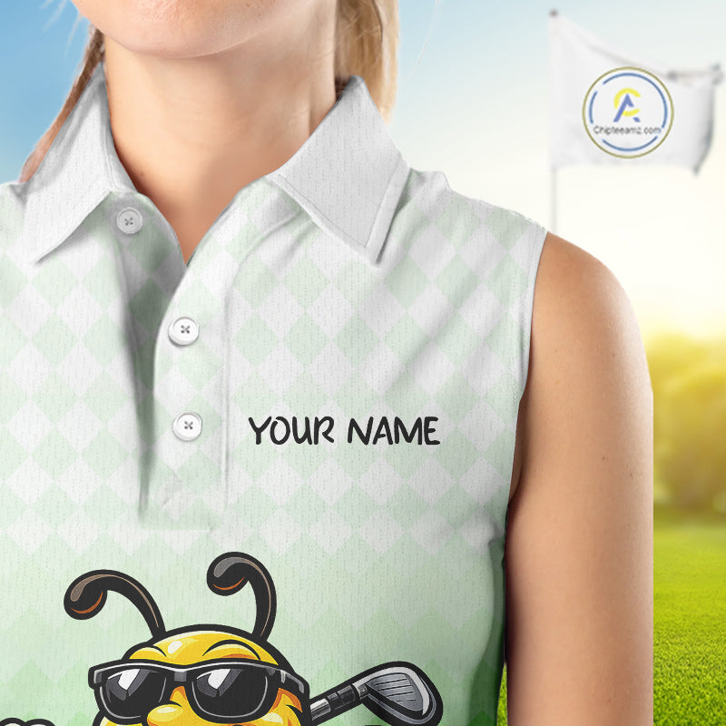 Funny Bee Sleeveless Golf Polo Shirt For Women, Cute Bee With Beer Print Shirt, Sporty Animal Golf Gift|Green NBT665