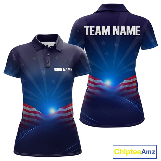 Navy blue polo shirt with American flag design and customizable text