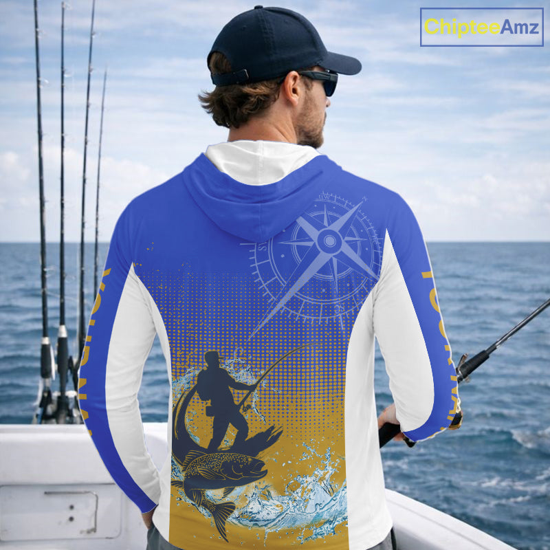 Trout Fishing Shirts Long Sleeve Fisherman Compass Blue And Yellow, Trout Fly Fishing Jerseys NBT389