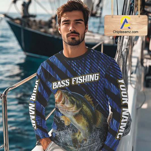 Personalized Reed Camo Bass Fishing Long Sleeve Shirts, Custom Bass Tournament Jerseys|Blue NBT348