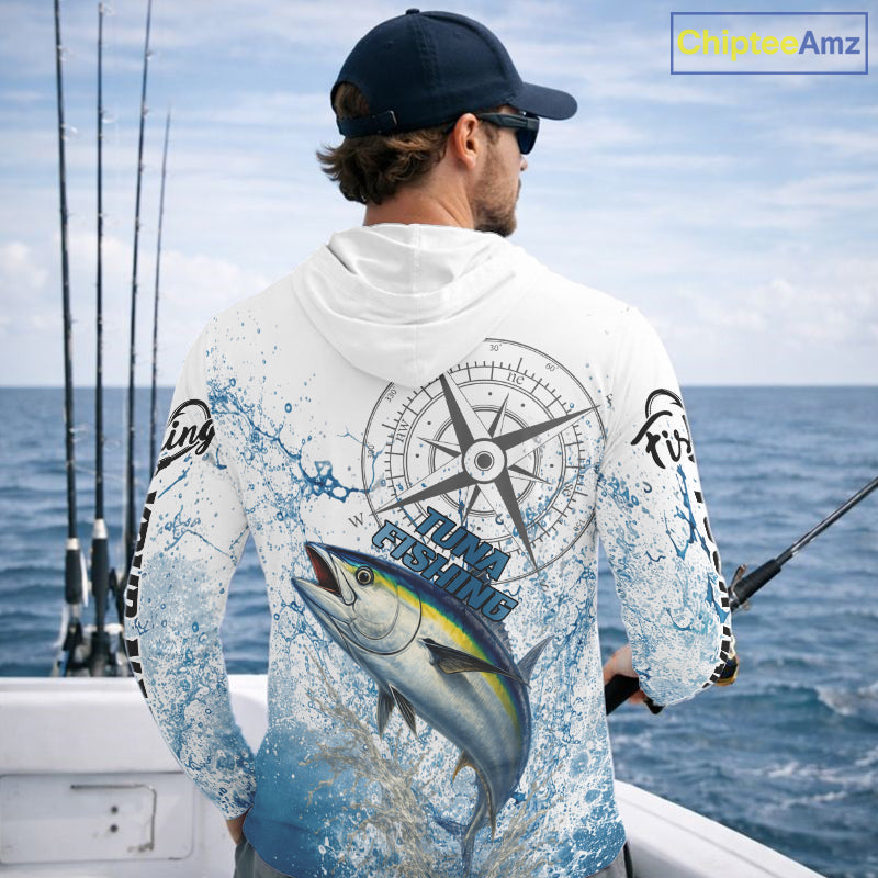 Custom Yellowfin Tuna Long Sleeve Hooded Fishing Shirts Saltwater Fish, Compass Offshore Tournament Fishing Shirts NBT553