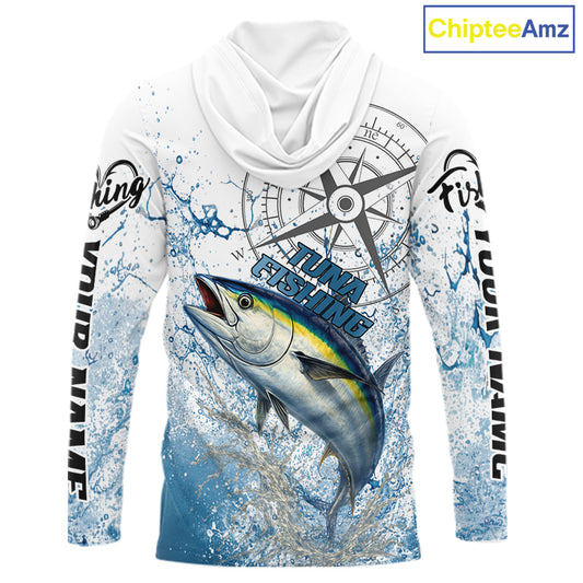 Custom Yellowfin Tuna Long Sleeve Hooded Fishing Shirts Saltwater Fish, Compass Offshore Tournament Fishing Shirts NBT553
