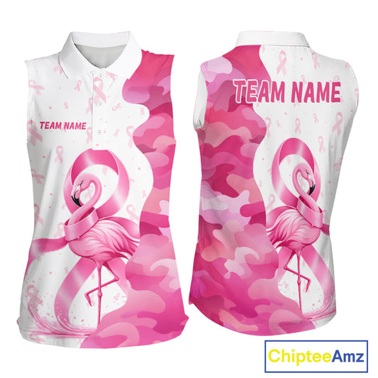 Front and back views of a womens Breast Cancer Awareness flamingo and pink ribbon golf polo shirt, name text on the sleeve and team name on the back.