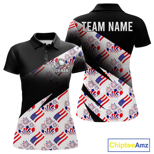 Front and back view of America 250th Anniversary womens golf polo shirt with patriotic USA flag design
