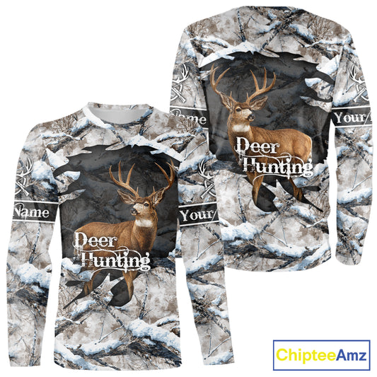 Whitetail Deer Hunting Shirts Custom Name Snow Camo, Deer Season Hunting Clothes For Men NBT273