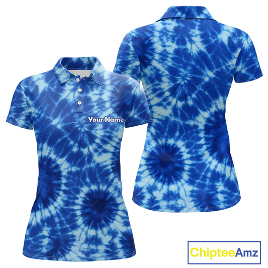 Womens Golf Polo Shirts Blue Tie Dye Background Custom Name Golf Shirt, Golf Gifts NBT569