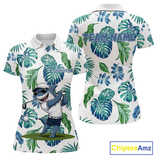 Funny Womens Golf Polo Shirt Tropical Pattern Custom Name Shark Playing Golf Shirt Funny Golf Apparel NBT715