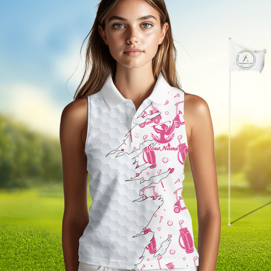 Women Sleeveless Golf Polo Shirt Custom Name Funny Golf Bag Cart Pattern Shirt, Golf Gifts For Ladies NBT825
