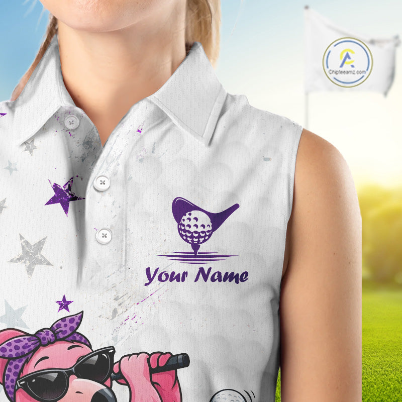 White sleeveless shirt with golf-themed designs and 'Your Name' text on a blurred golf course background.