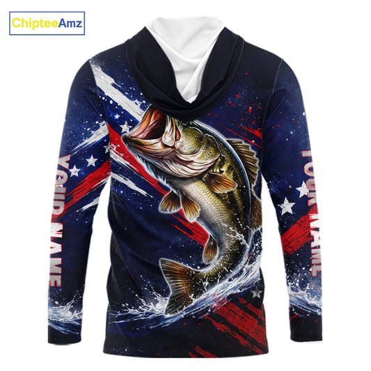 American Flag Fishing Shirt, Bass Long Sleeve Hooded Fishing Shirts, Bass Fishing Tournament Shirts|Blue NBT433