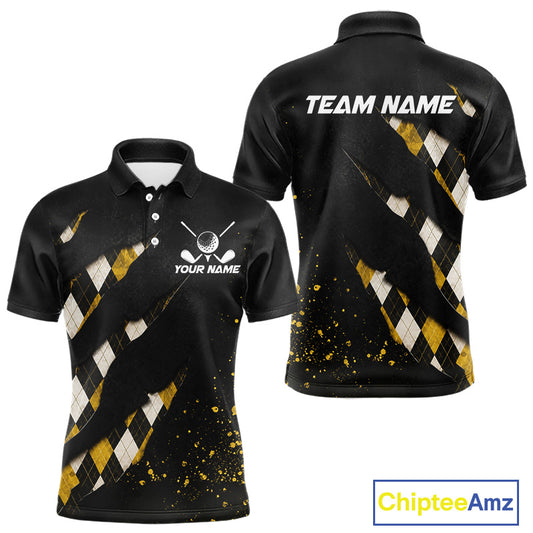 Front and back views of a black, yellow argyle plaid pattern golf polo shirt, chest name text, and team name on the back.