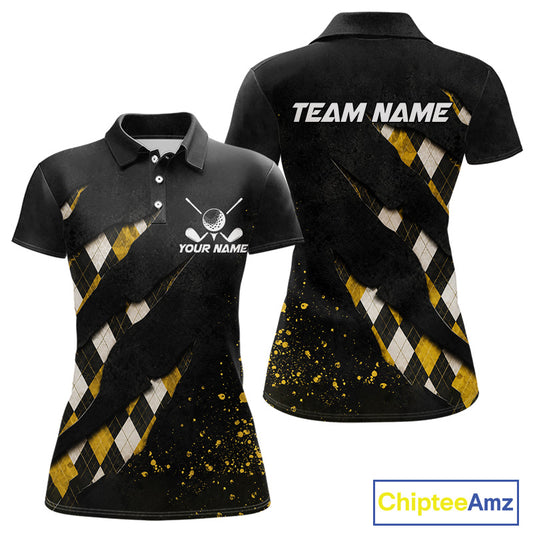 Front and back views of a womens black and yellow argyle pattern golf polo shirt, chest name text, and team name on the back.