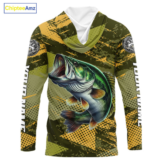Green Camo Custom Largemouth Bass Fishing Shirts with Hood For Men, Bass Fishing Jerseys NBT438