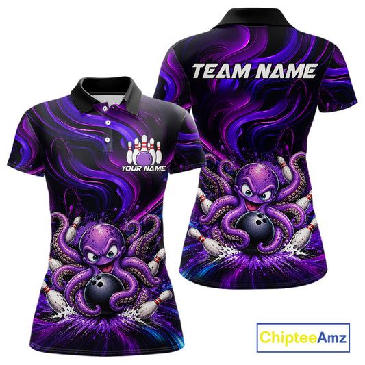 Funny Purple Octopus Bowling Polo & Quarter Zip For Women, Custom Bowling Team Shirt Bowling Jersey NBT960
