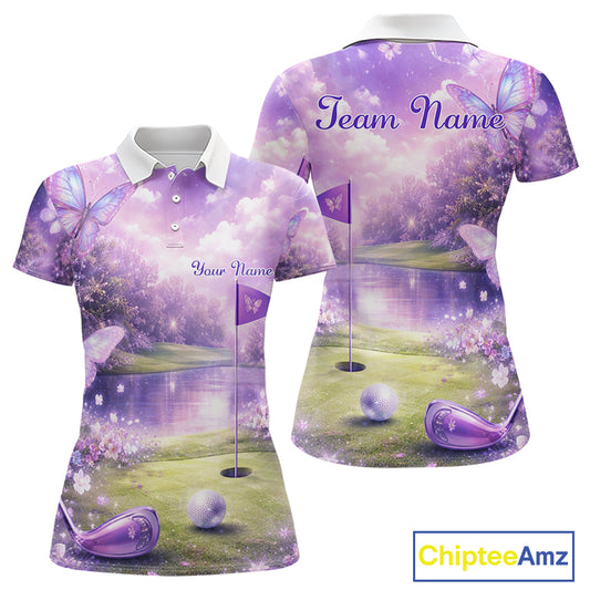 Purple Butterfly Womens Long Sleeve Golf Polo Shirt Custom Name Floral Colorful Golf Shirts NBT557