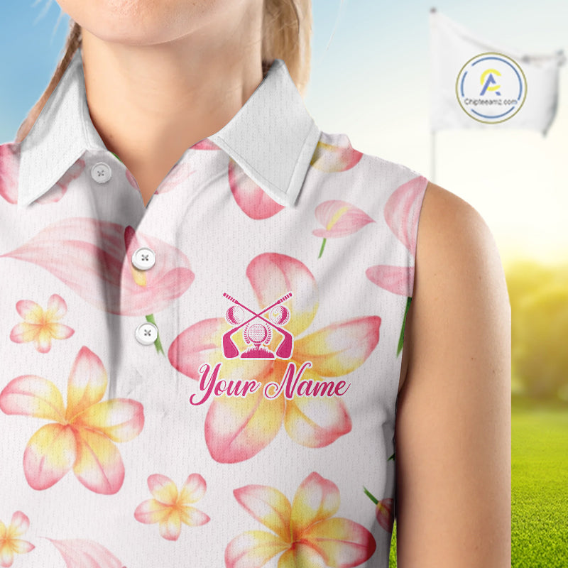 Custom Pink Tropical Flower Funny Flamingo Womens Sleeveless Golf Polo Shirts, Funny Golf Shirts For Ladies NBT565
