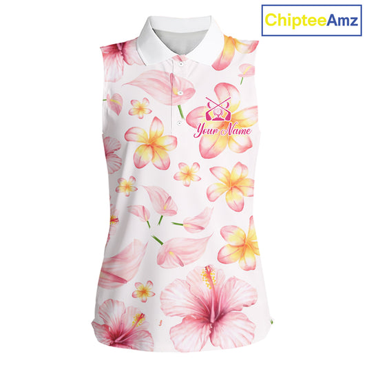 Custom Pink Tropical Flower Funny Flamingo Womens Sleeveless Golf Polo Shirts, Funny Golf Shirts For Ladies NBT565