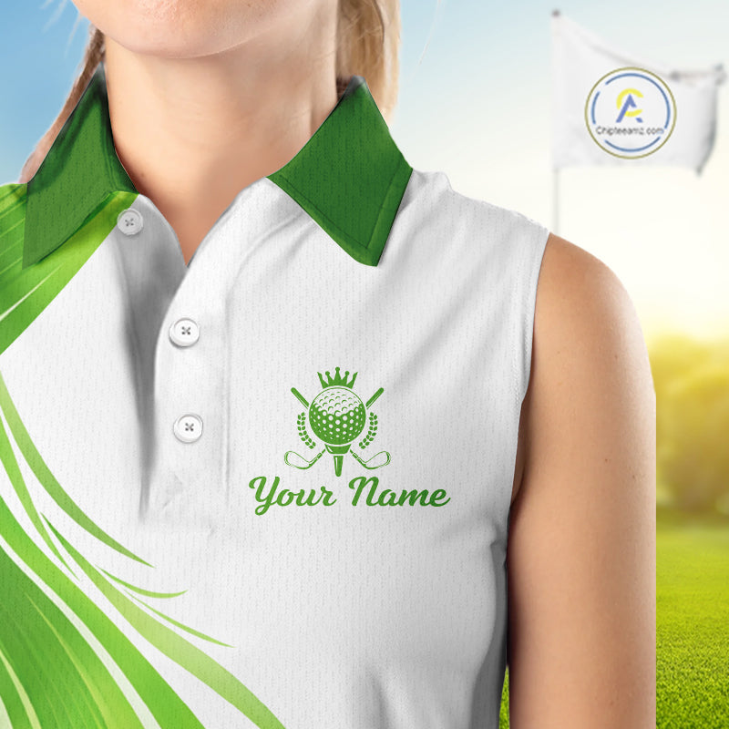Womens Sleeveless Golf Polo Shirt Green And White Custom Golf Shirts For Team Personalized Golf Gifts NBT570