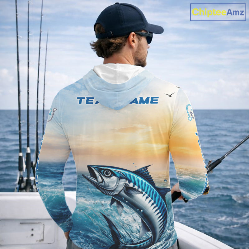 King Mackerel Fishing Sunset Custom Fishing Long Sleeve Hooded Shirt, Compass Offshore Fishing Apparel NBT586