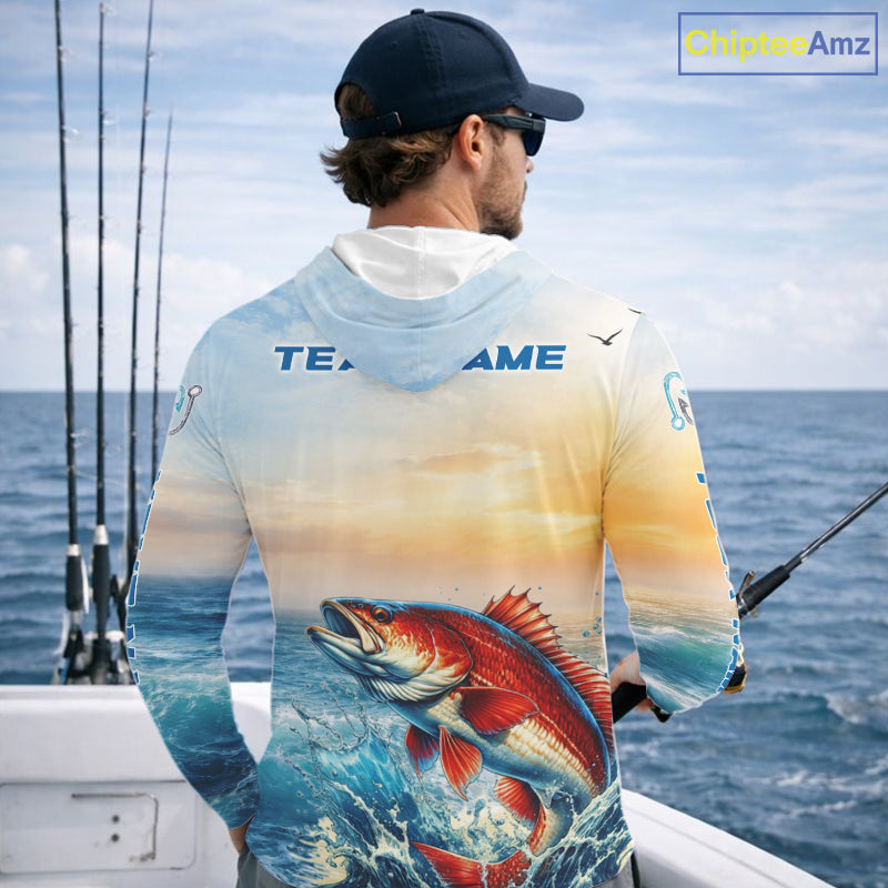 Redfish Fishing Sunset Custom Fishing Long Sleeve Hooded Shirt, Redfish Compass Offshore Fishing Apparel NBT587