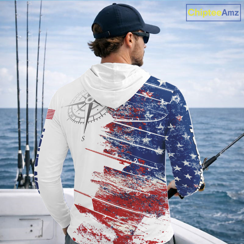 Personalized Patriotic Fishing Team Shirts, American Flag Long Sleeve Hooded Fishing Shirts NBT486
