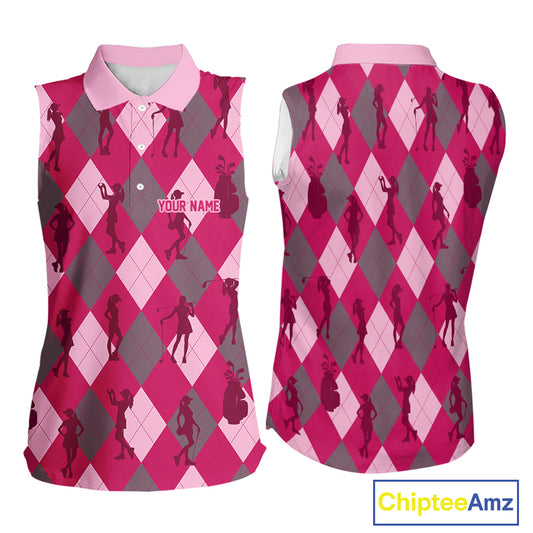 Pink Argyle Womens Sleeveless Golf Polo Shirts, Golf Shirts Custom Team Golf Polo For Ladies Team Golf Tops NBT490
