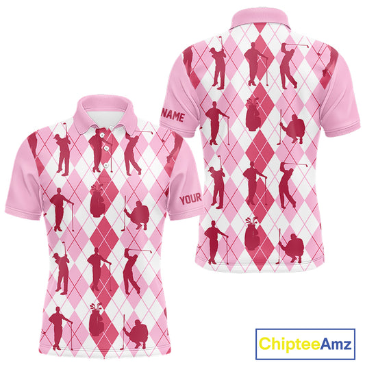 Light Pink Argyle Mens Golf Polo Shirts, Golf Shirts Custom Team Golf Polo For Men Team Golf Tops NBT491
