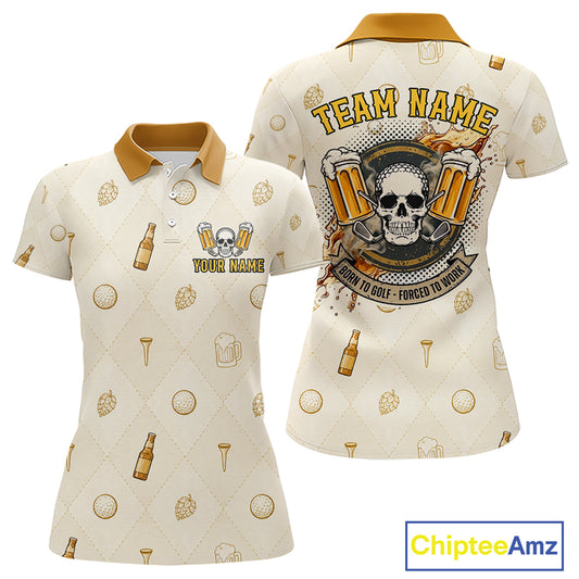 back view of Born To Golf Forced To Work beer pattern golf polo shirt
