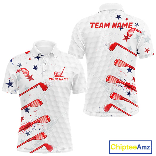 White polo shirt with red golf club and star pattern, customizable text, and Chiptee Amz branding.