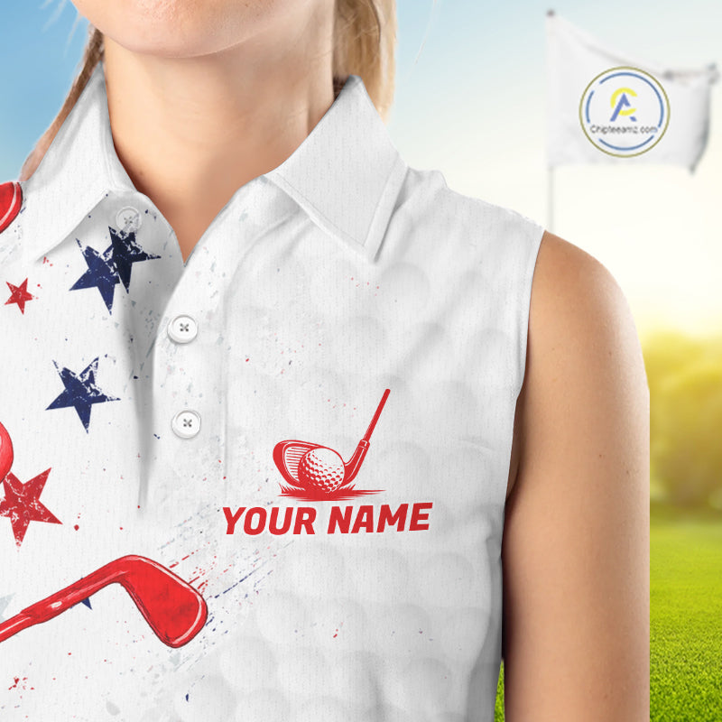 White sleeveless shirt with red golf club and star design, customizable with 'Your Name'.