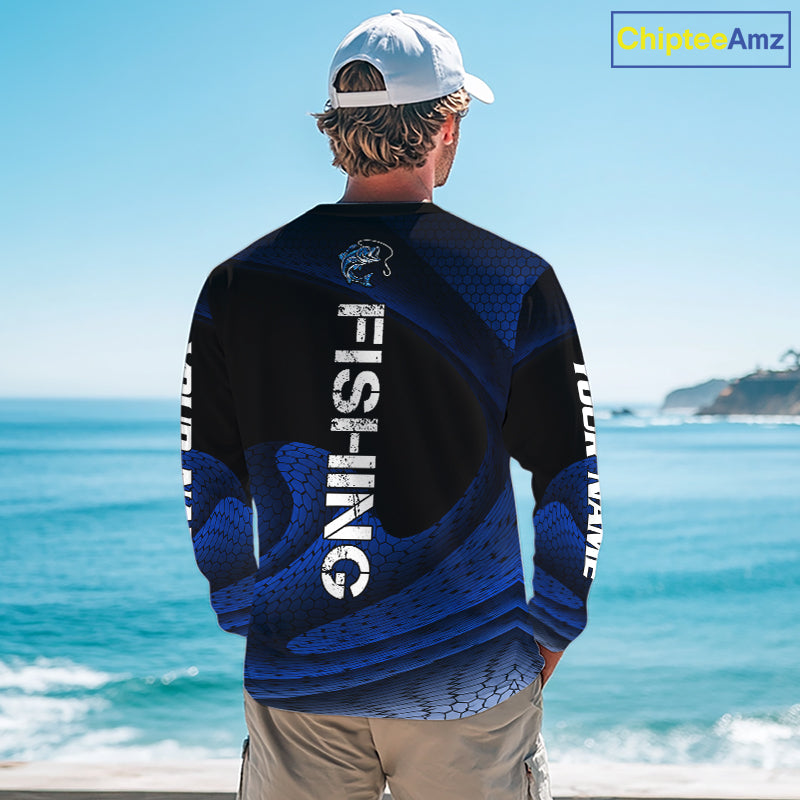 Fisherman on the water wearing custom name blue camo bass fishing long sleeve shirt