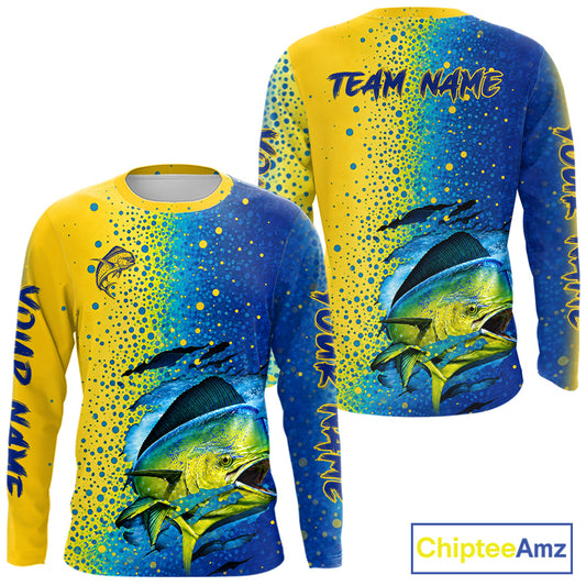 Front and back view of custom Mahi Mahi saltwater fishing long sleeve UV protection with personalized name