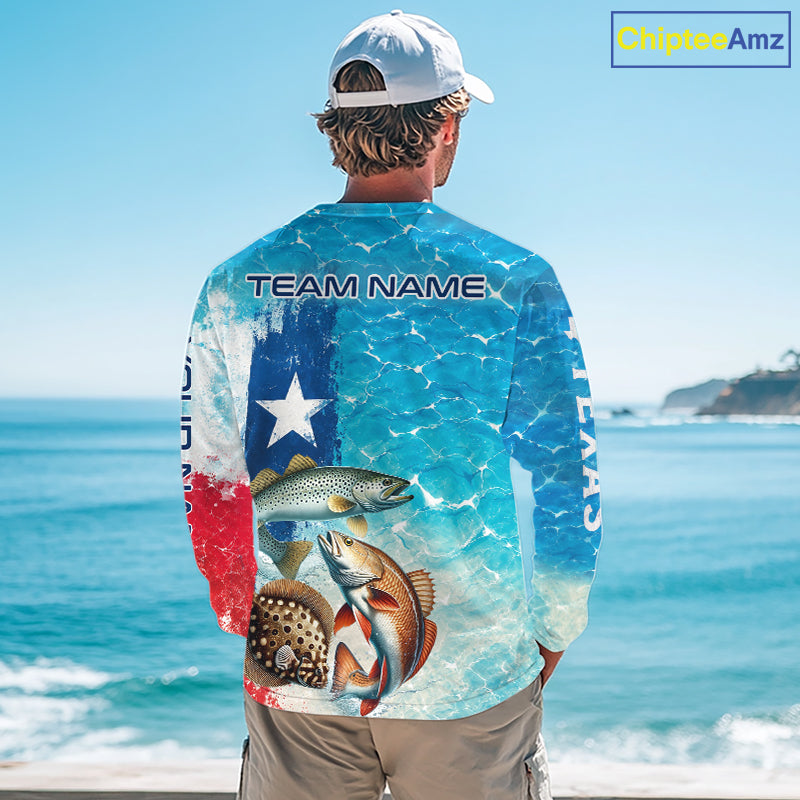 Texas Slam Fishing Texas Flag, Blue Sea Wave Ocean Camo Texas Slam Long Sleeve Fishing Shirts NBT869