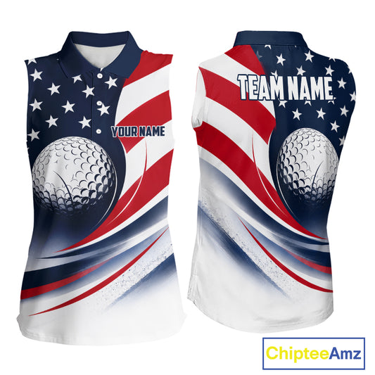 Front and back views of a womens American flag patriotic 250 freedom sleeveless golf polo shirt, name text on the chest and team name on the back.
