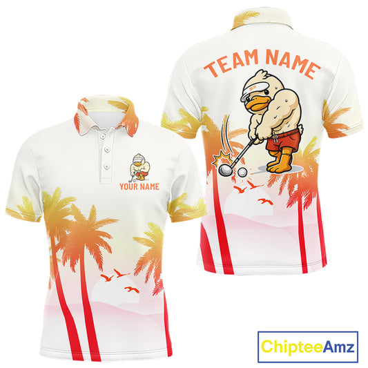 Front and back view of funny duck golf polo shirt for men with tropical sunset print with personalized name