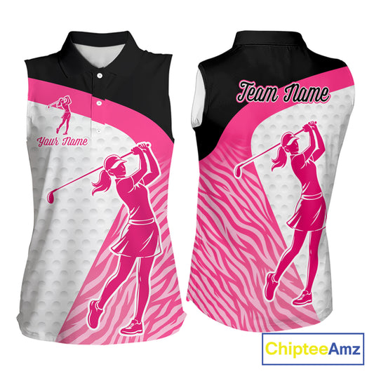 Pink Zebra Pattern Womens Sleeveless Golf Polo Shirts Custom Name Gift For Golf Lovers NBT580