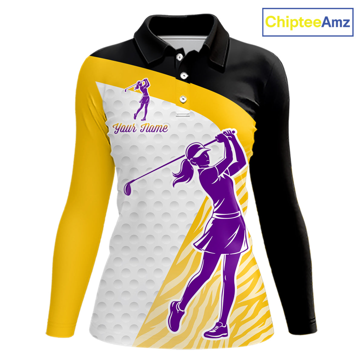 Yellow & Purple Zebra Pattern Womens Golf Polo Shirts Custom Name Gift For Golf Lovers NBT583