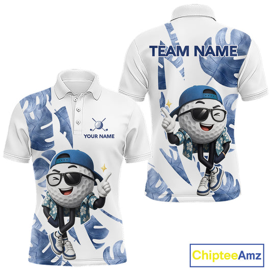 Funny Golf Ball Tropical Pattern Custom Mens Golf Polo Shirts, Golfing Gifts|Blue NBT708