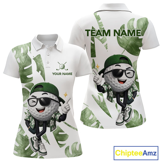 Funny Golf Ball Tropical Pattern Custom Womens Golf Polo Shirts, Golfing Gifts|Green NBT709