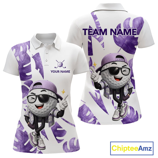 Funny Golf Ball Tropical Pattern Custom Womens Golf Polo Shirts, Golfing Gifts|Purple NBT710