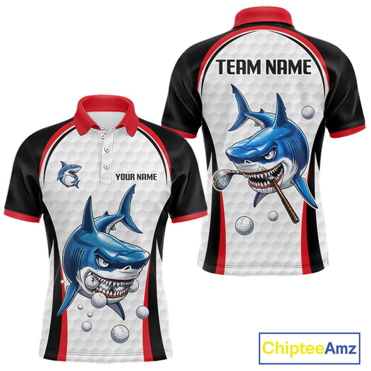 Red White Shark Pattern Mens Golf Polo Shirt Front and Back View Custom Name Custom Team Name