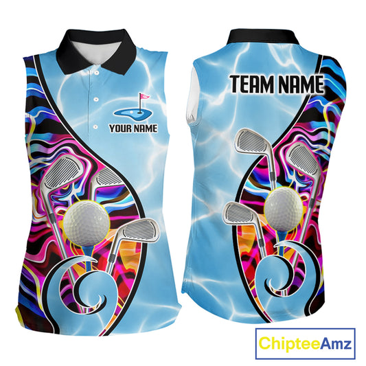 Womens Sleeveless Golf Polo Shirt Holographic Marble Golf Pattern For Team, Golf Attire For Women|Blue NBT724