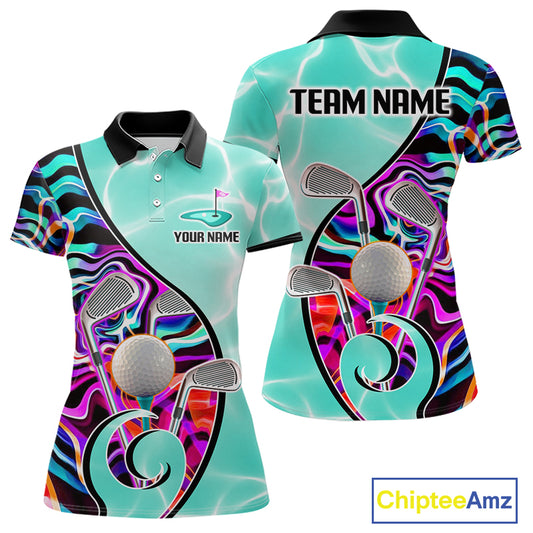 Womens Golf Polo Shirt Holographic Marble Golf Pattern For Team, Golf Attire For Women|Turquoise NBT728