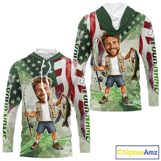 Custom Photo Funny Bass Long Sleeve Hooded Fishing Shirts American Flag For Men, Funny Bass Fishing Team|Green NBT731
