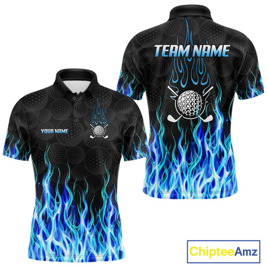 Mens golf polo shirt blue flame pattern - front and back view, custom name available
