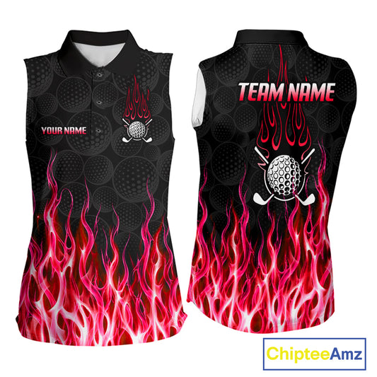 Womens sleeveless golf polo shirt front and back view, custom team name, tailored fit for perfect golf swing